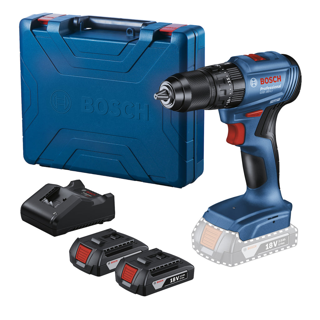 Taladro percutor Bosch GSB 185-LI con maletín, cargador y dos baterías