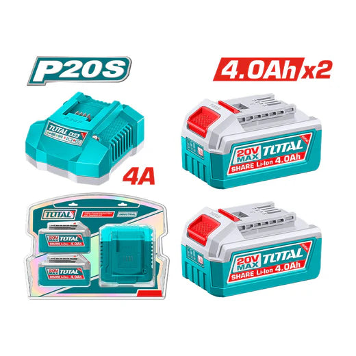 Set 2 Baterías 20V 4.0Ah + Cargador Rápido Total P20S – TFBCPK2013