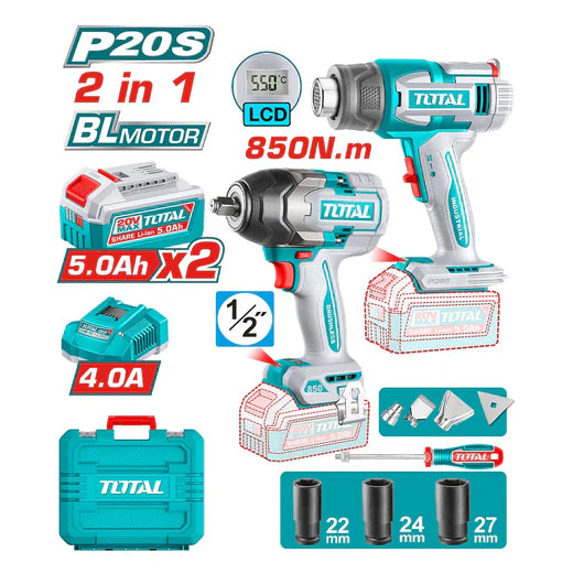 Kit Total 20V Llave Impacto 850 Nm + Pistola Calor 550 °C con Accesorios