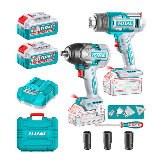 Kit Total 20V Llave Impacto 850 Nm + Pistola Calor 550 °C con Accesorios