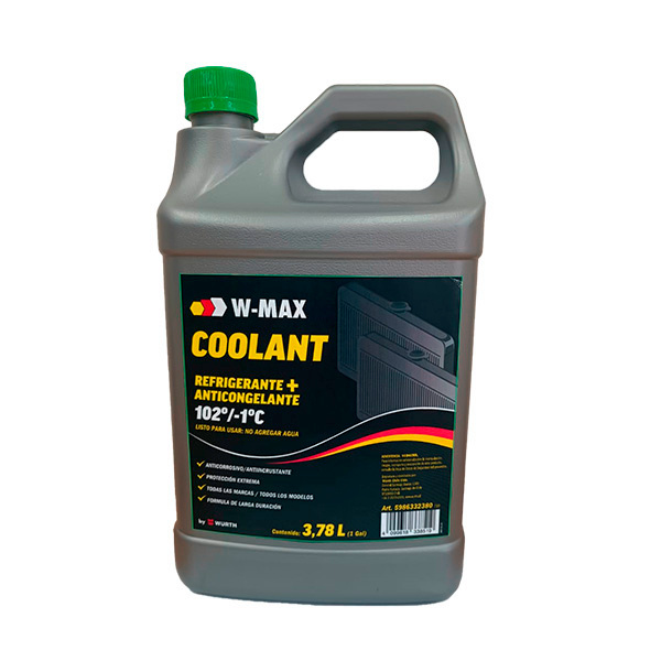 Bidón de refrigerante anticongelante verde W-Max Würth de 3,8 litros con tapa verde y etiqueta frontal.
