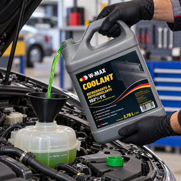 Aplicación del refrigerante verde W-Max Würth de 3,8 L en el depósito de refrigeración de un vehículo.
