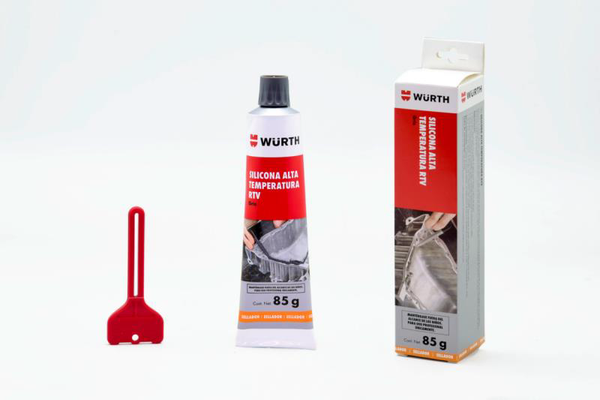 Silicona de alta temperatura RTV gris Würth de 85 g junto a su caja y accesorio.